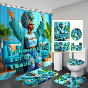 African American Woman Pattern Bathroom Accessories, 4 Counts/set Including Shower Curtain & Toilet U-shape Mat & Bathroom Mat & Toilet Lid Cover, Bathroom Decor Supplies, Bathroom Decoration Accessories, Restroom