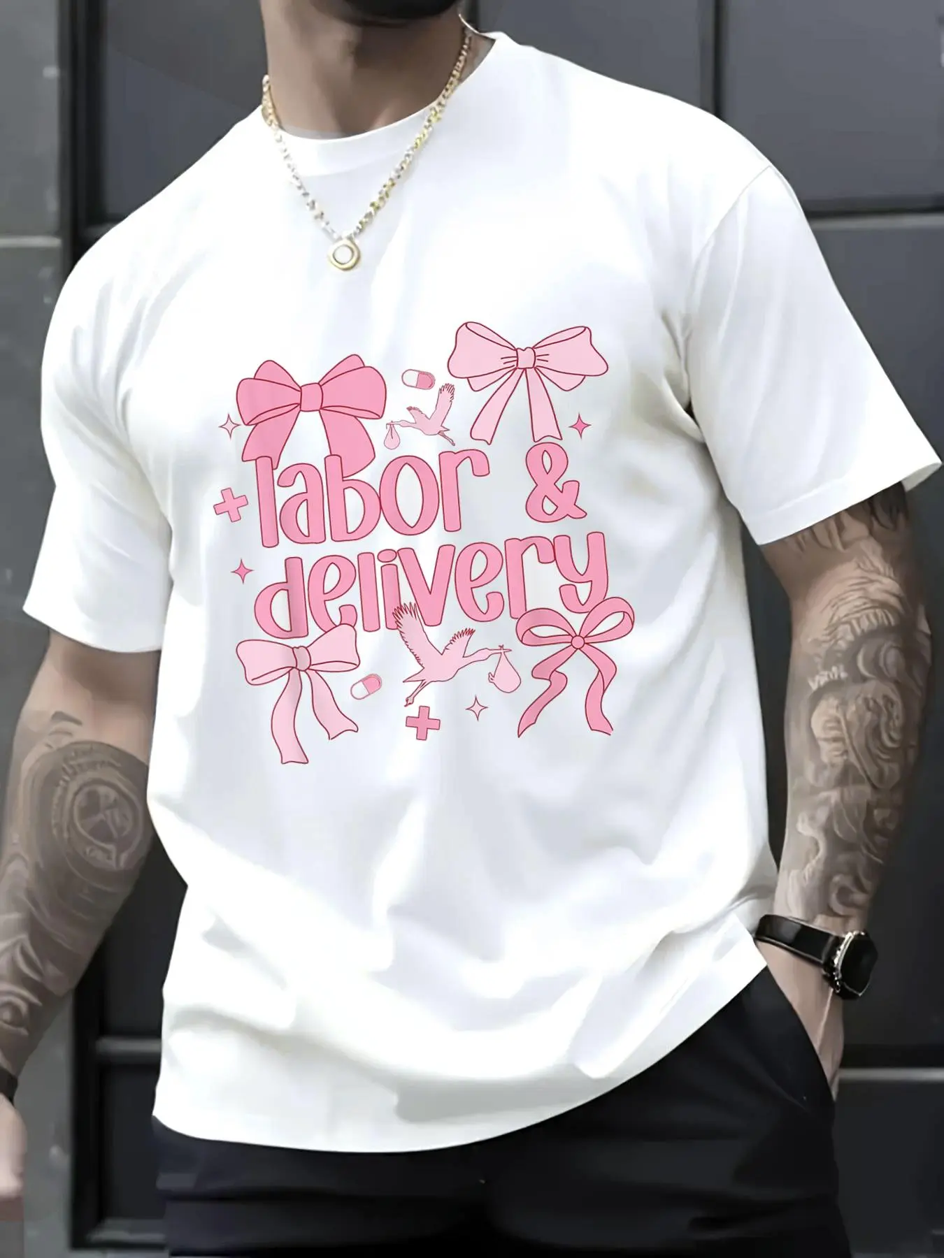 Men's 100% Cotton Unisex Short-Sleeve Round Neck Casual Loose T-Shirt - Labor and Delivery Nurse Grad Coquette Pink Bow Ribbon Top, Jackets