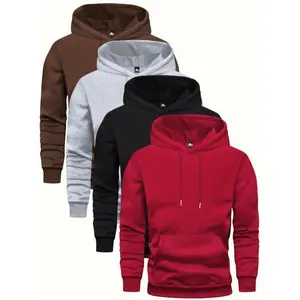 4 Pcs Men's Solid Hoodie With Kangaroo Pocket, Casual Long Sleeve Hooded Sweatshirt For Outdoor