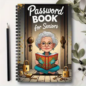 1 pc cartoon spiral password book for the elderly - 70 pages lock design notebook with the elderly character art, secure password & login organizer for internet, computer, home or office use Personal Organizer Book