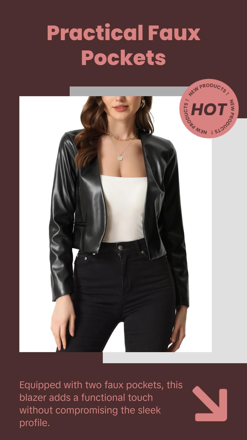 Faux Leather Crop Blazer for Women'S Collarless Open Front PU Moto Biker Jackets XL Black