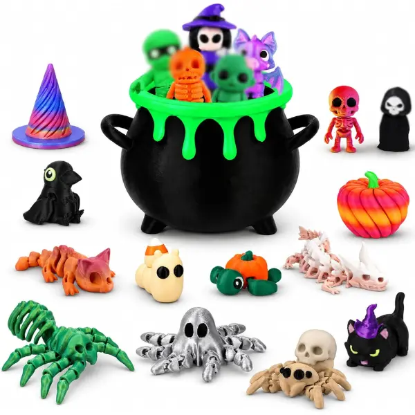 2026 Fall Halloween Gifts 18Pcs Halloween 3D Printed Animals with Witches Cauldron Fidget Toys | Mini 3D Printed Flexible joints Figurines Cute Desk Pet for Halloween Party Favors Trick or Treat Supplies Goodie Bag Fillers