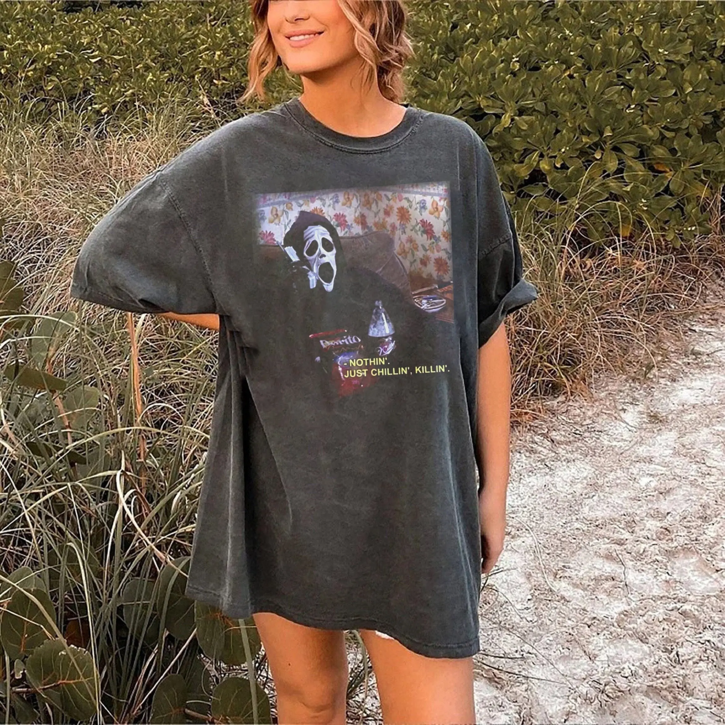 Nothin' Chillin Killin Horror T shirt, Let's Watch Scary Movies Crewneck Sweatshirt, Ghostface Tee, Scream You Hang Up Shirt, 90s Halloween 4868