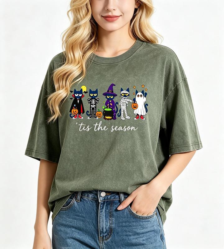 Women's Halloween Black Cat Graphic T-Shirt - Vintage Acid Wash, Oversized Short Sleeve Crew Neck, Breathable Cotton, Beach & Everyday Fit Casual Costume Tee Summer Top