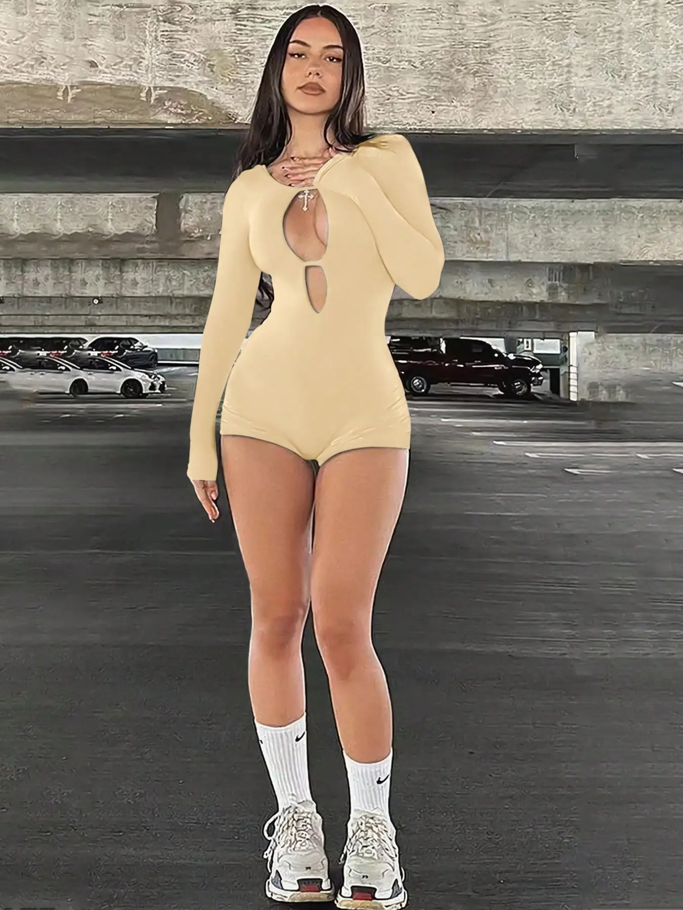 Women's Casual Solid Color Cutout Front Bodysuit, Stretch Fit Long Sleeve Tank Top for Daily & Streetwear Style