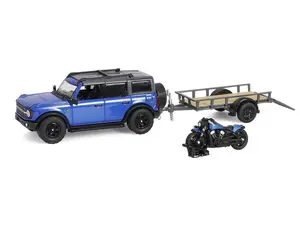 2021 Ford Bronco Black Diamond Blue Metallic w/ Trailer & Motorcycle - (Hitch & Tow Series 32) Diecast 1:64 Scale Model - Greenlight 32320C