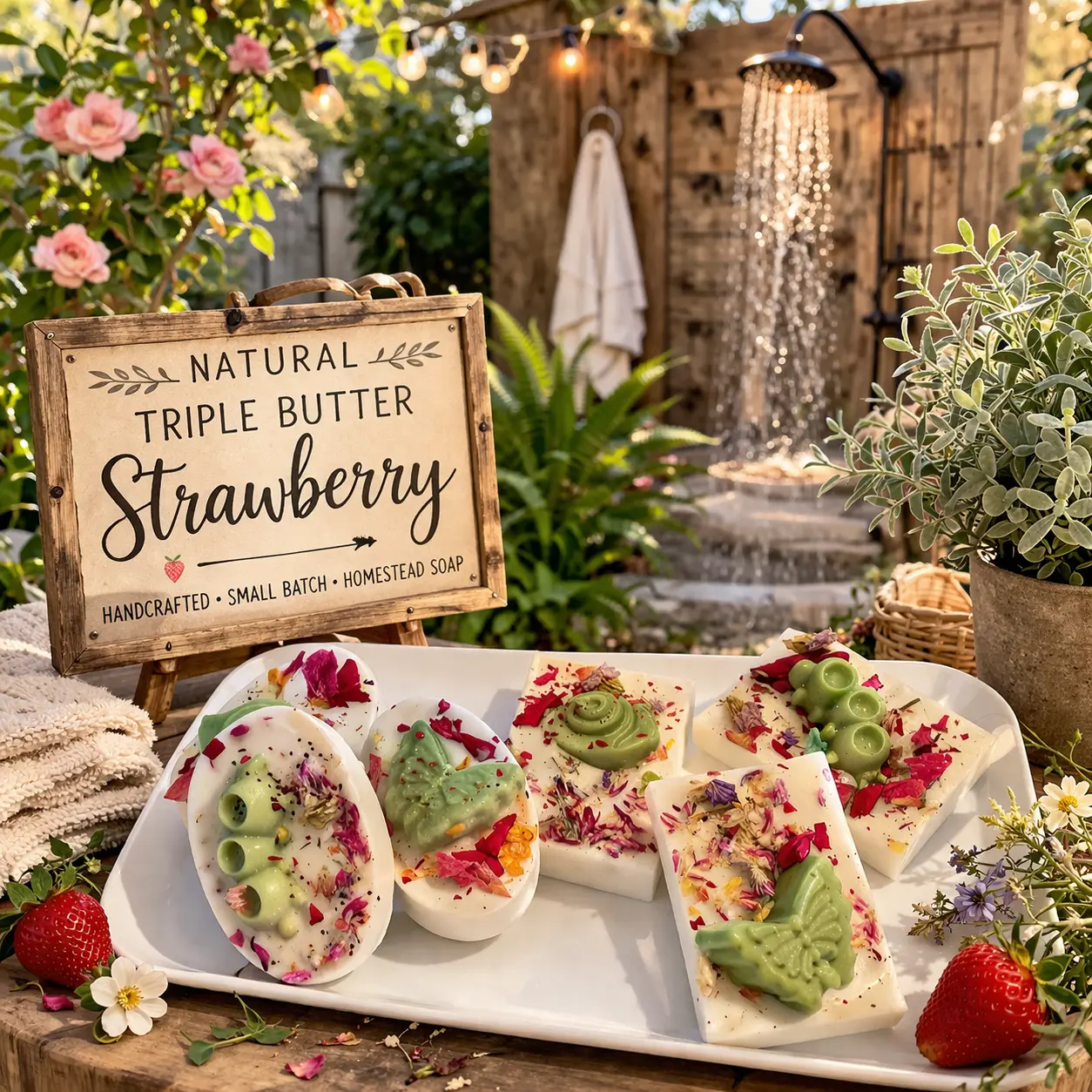 Handmade Solid Strawberry Bar Soap with Hydrating Triple Butter - Single Bar Gentle Care Artisanal Cleanser for Daily Bath & Shower, Everyday Fresh Skin, Rustic Giftable Finish