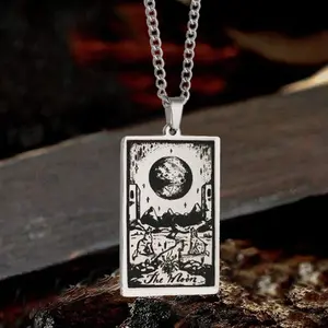GTHIC The Moon Major Arcana Tarot Stainless Steel Necklace Squard Card Necklace for Daily Wear