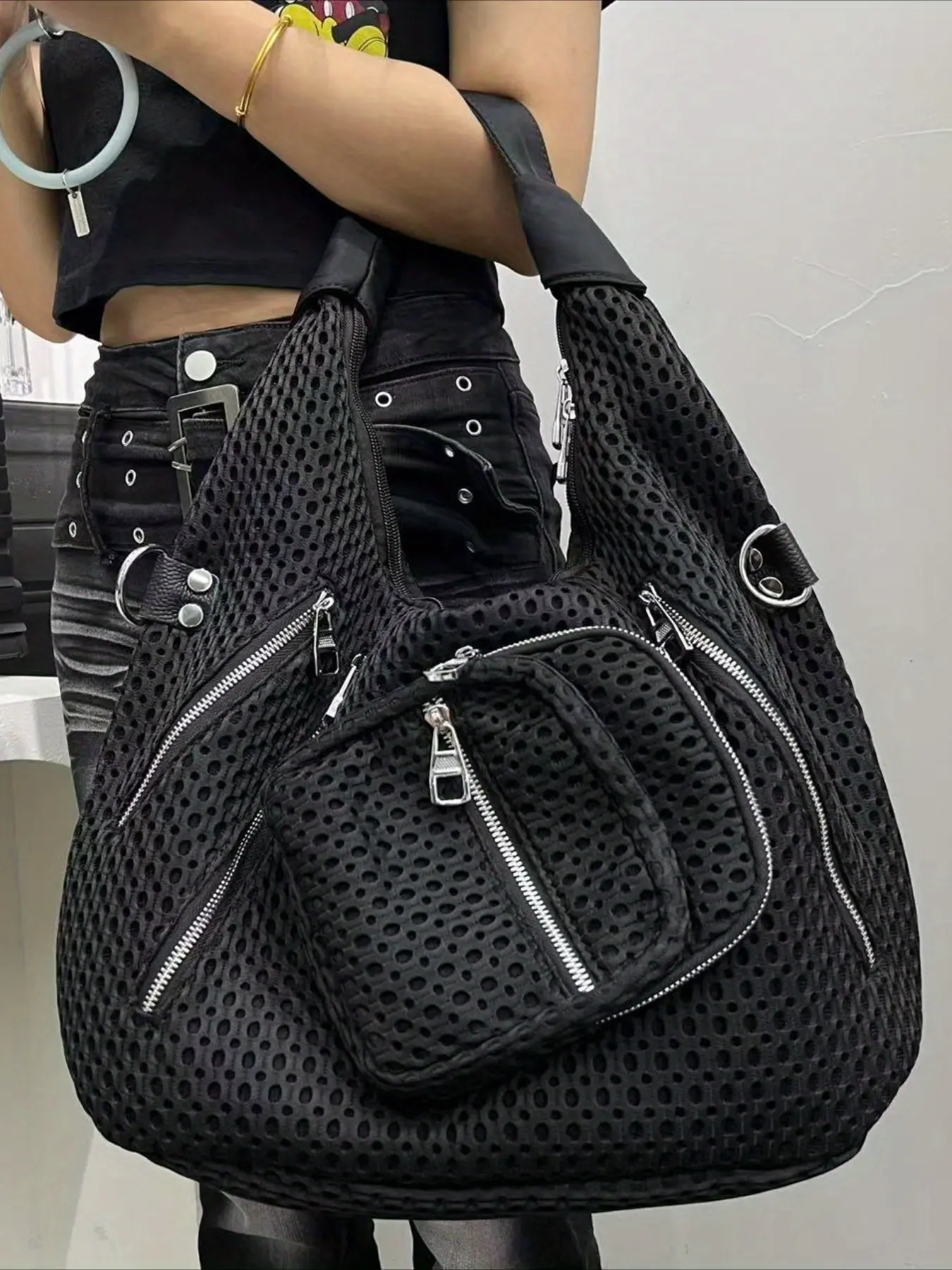 Ladies' fashionable retro casual cool handbag, multi pocket personalized punk Y2K hot girl bag, street style spliced city bag, suitable for work, commuting, dating, party large capacity multi pocket single shoulder crossbody bag, black