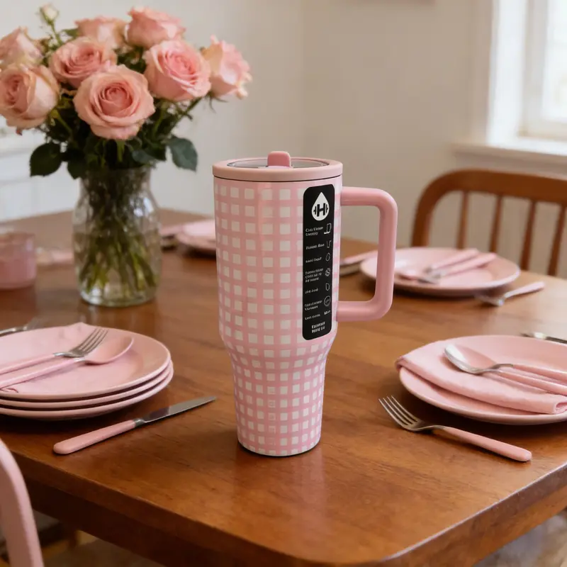 HydroJug 40oz Pink & White Plaid Insulated Water Bottle, Large Capacity Leak-Proof Travel Mug, Portable Thermal Cup for Car, Office, Sports & Outdoor Use spout handle Tumbler Personalized