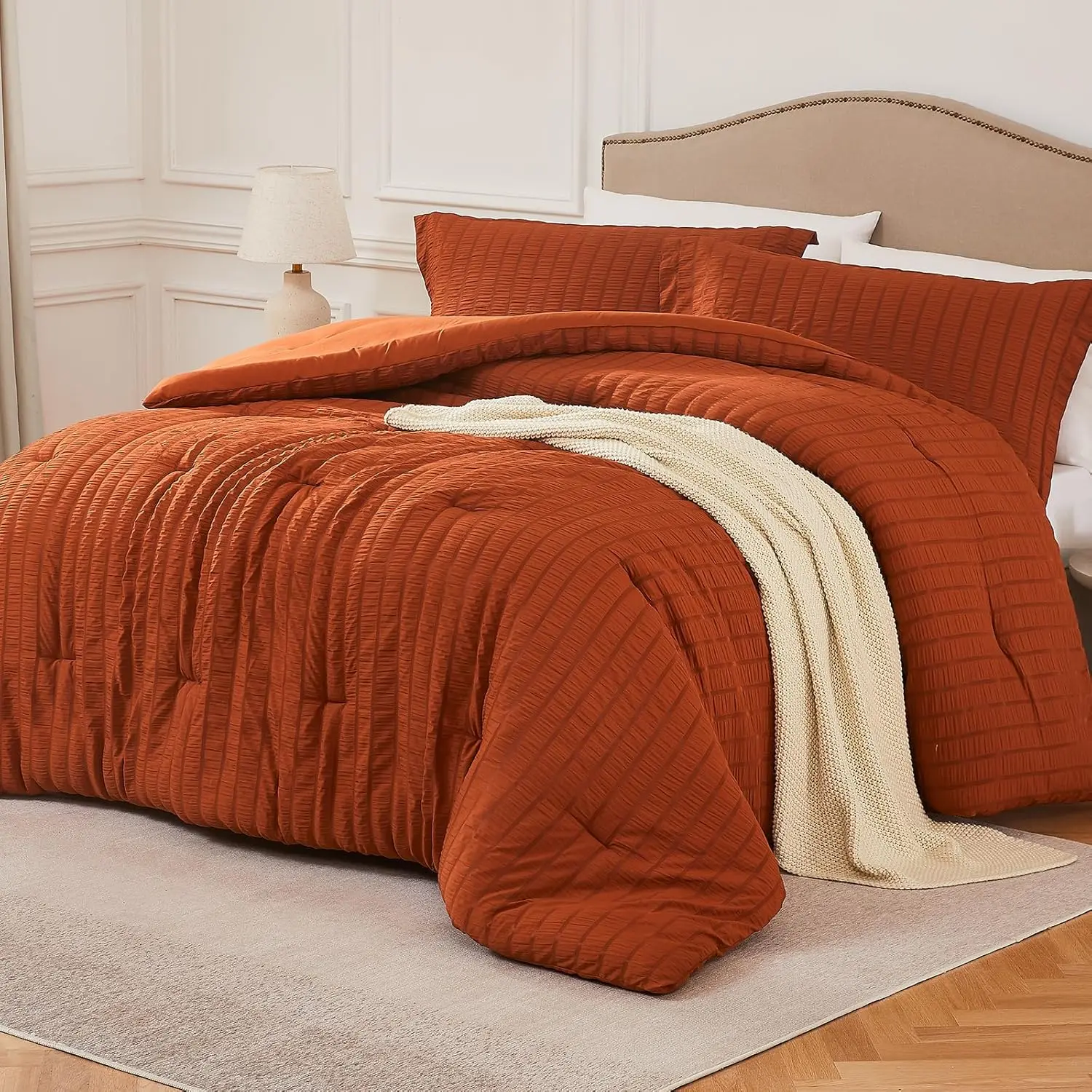 Terracotta Queen Comforter - 3 Seersucker Lightweight Comforter Sets (1 Fluffy Comforter  2 Pillowcases) - Seasons Sets for Women Men