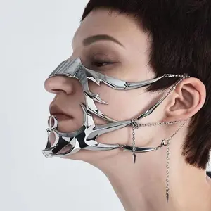 Cyberpunk Metal Mask Cool Design Special-Shaped Fluid Mechanical Style Earrings Lip Ring Adjustable Face Accessories for Men and Women