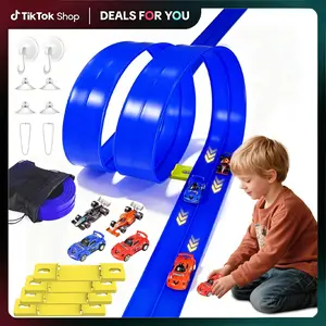 20FT Flexible Race Track w/ 11 Suction Cups! Window Ramp for Hot Wheels & 1/64 Diecast Cars. Includes 4 Cars, Portable Roll-Up Toy Gift for Boys & Girls