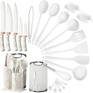 25 PCS Kitchen Utensils Set, Silicone Cooking Utensils Set with Kitchen Knife Set and Holder, Wooden Handle Kitchen Tool Set - Kitchenware Set (Rose Gold White)
