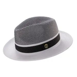 Mens White Two Tone Wide Brim Straw Fedora Hat by Montique