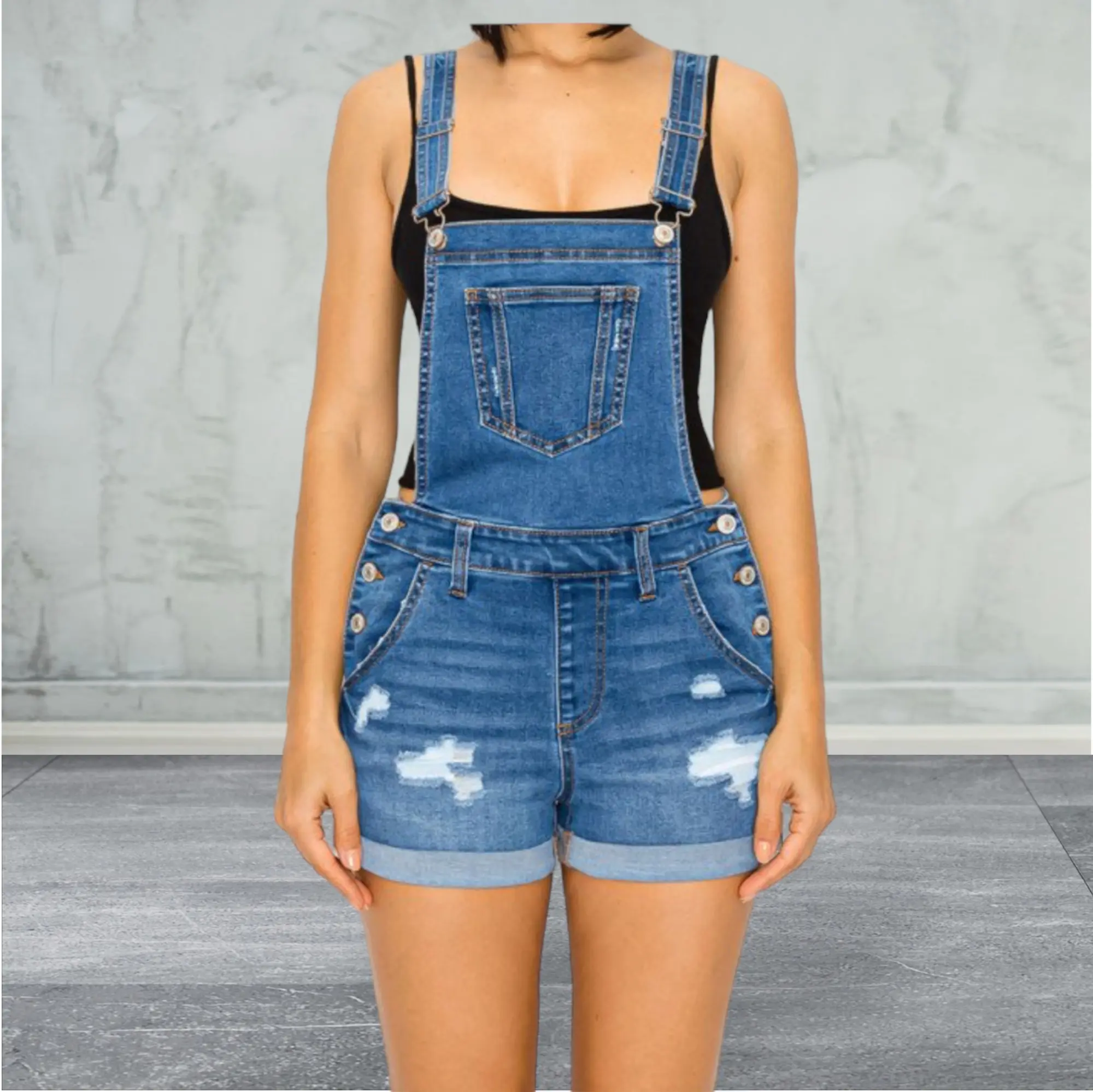 Short overalls,  DESTROYED ROLLED CUFF SHORTALLS