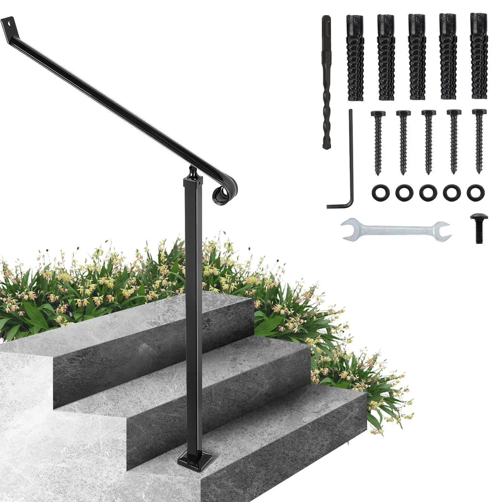 【Summerfinds】VEVOR Handrails for Outdoor Steps 2-3 Step Railings Wrought Iron Handrail Stair Railings for Steps Black Iron Railings for Steps Wall and Floor Mounted with Installation Kit