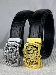 Full diamond decorated tiger head alloy automatic buckle, gold and silver metal decorated belt buckle, Rhinestone Buckles Belt, fashionable trend, trendy embossed belt, party dance, travel, gift, holiday decoration fashion item, unisex belt.