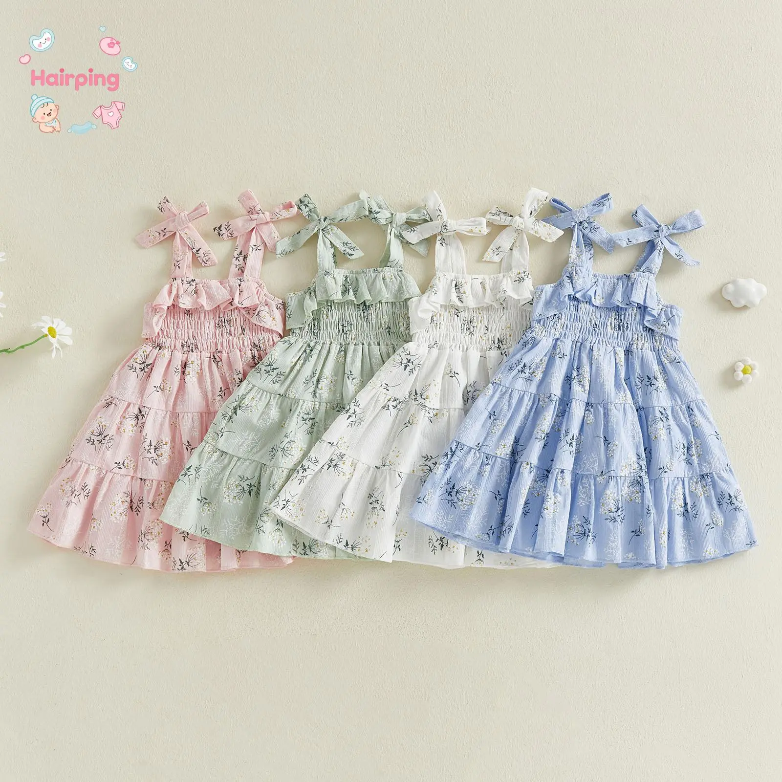 Baby Girls Clothing Floral Print Sling Dress - Ruffled Smocked Tiered Skirt Sundress for Toddlers, Casual Summer Party Wear, 4 Colors, 1-6T