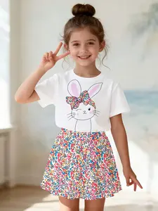 Girls Summer Fashion 3D Printed Cute Bunny Short Sleeve T-Shirt Set, Floral Pattern Skirt, Casual Outdoor Wear, 2 Piece Suit, Skirts Sets