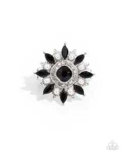 Forge Ahead - Black and White Rhinestone Pearl Silver Flower Ring - Paparazzi