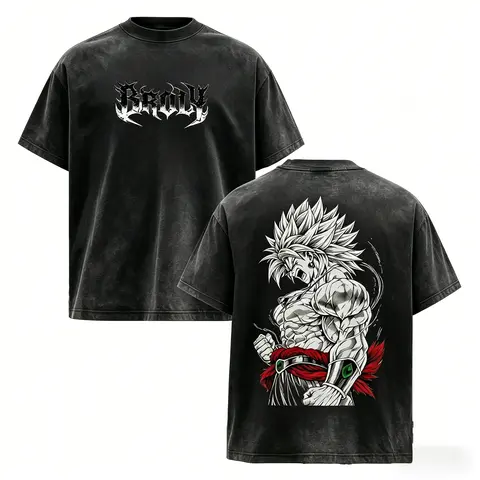 Men's Broly The Legendary Vintage Washed Oversized Graphic Tee - DBZ Double Printed, Heavyweight Cotton Unisex Shortsleeve Apparel, Classic Ribbed Clothing, Gym Pump Cover, Gift for Anime Fans, Streetwear, Vintage Graphic Tees, Oversize Tee