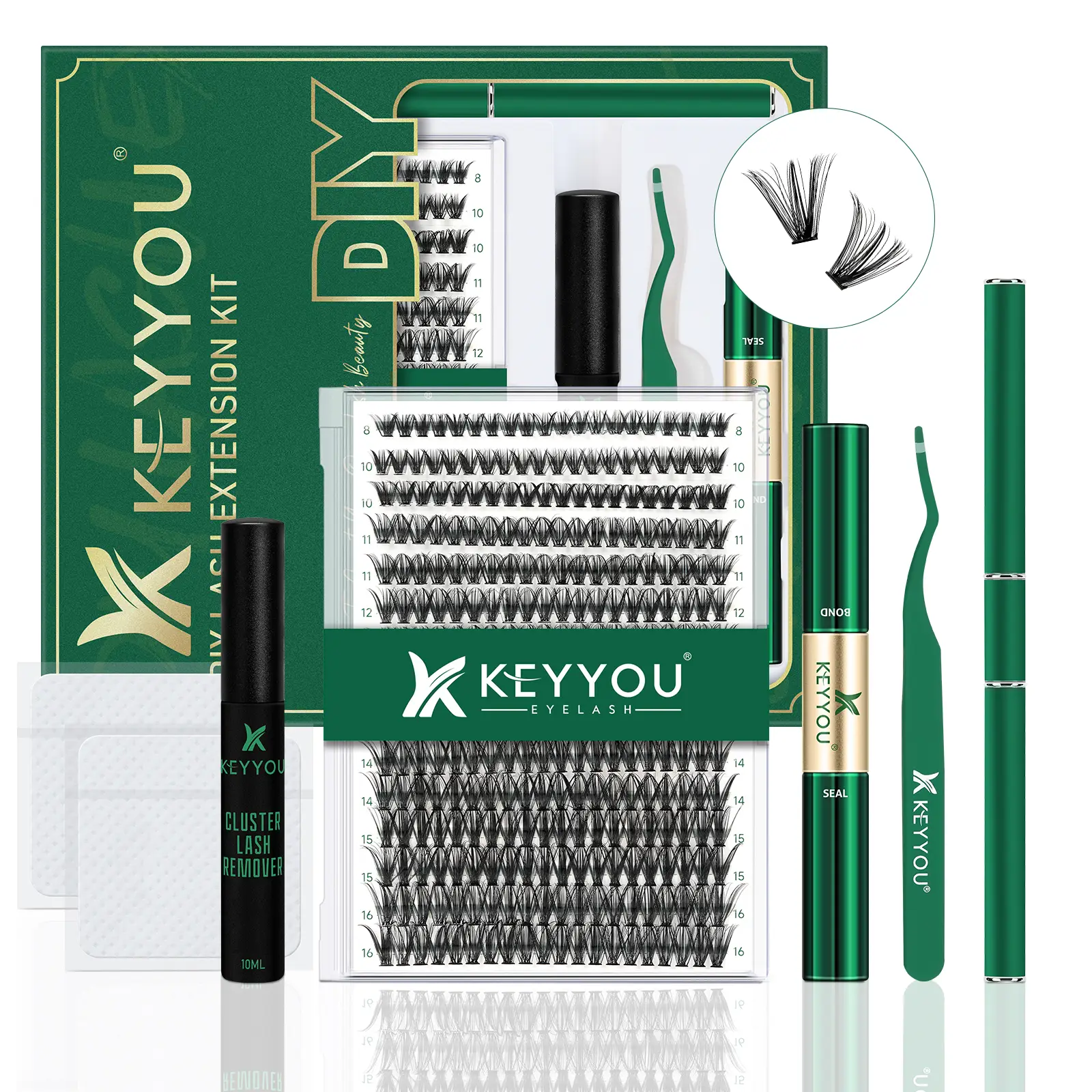 KEYYOU DIY Lash Extensions Kit Individual Lash Clusters Kit Volume Waterproof Long-Lasting Soft 300Pcs D Curl Easy to Use for Beginner