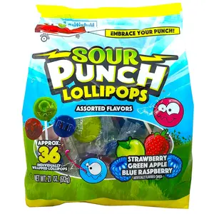 Adams & Brooks, Inc. Sour Punch Lollipops Sour Fruit Flavors Strawberry, Green Apple, Blue Raspberry Sour Lollipops, Sour Punch Pops Individually Wrapped 36 Count