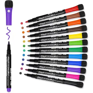 12 Colors Magnetic Fine Point Erasable Dry Erase Markers with Eraser Cap, Low Odor Fine Tip Whiteboard Pens for Kids Teachers, Home Office School Supplies