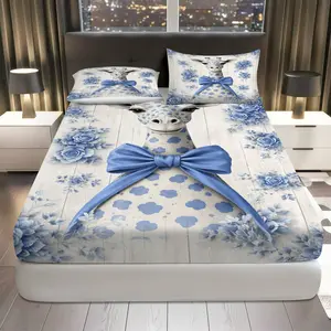 3Pcs Blue Floral Bowtie Giraffe Fitted Sheet Three Piece Set (1*Fitted Sheet+2*Pillowcases, Coreless), Seasonal theme, Elegant Bedding Set, Mattress protector Soft, Breathable