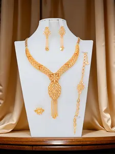 Ramadan Exclusive Hot Sale | Arab Style Champagne Gold 4-Piece Jewelry Set, Wedding Sets, Golden Leaf Tassel Necklace, Earrings, Bracelet & Ring, Hand-Carved, Ideal for Weddings, Parties, Banquets and Gift Giving