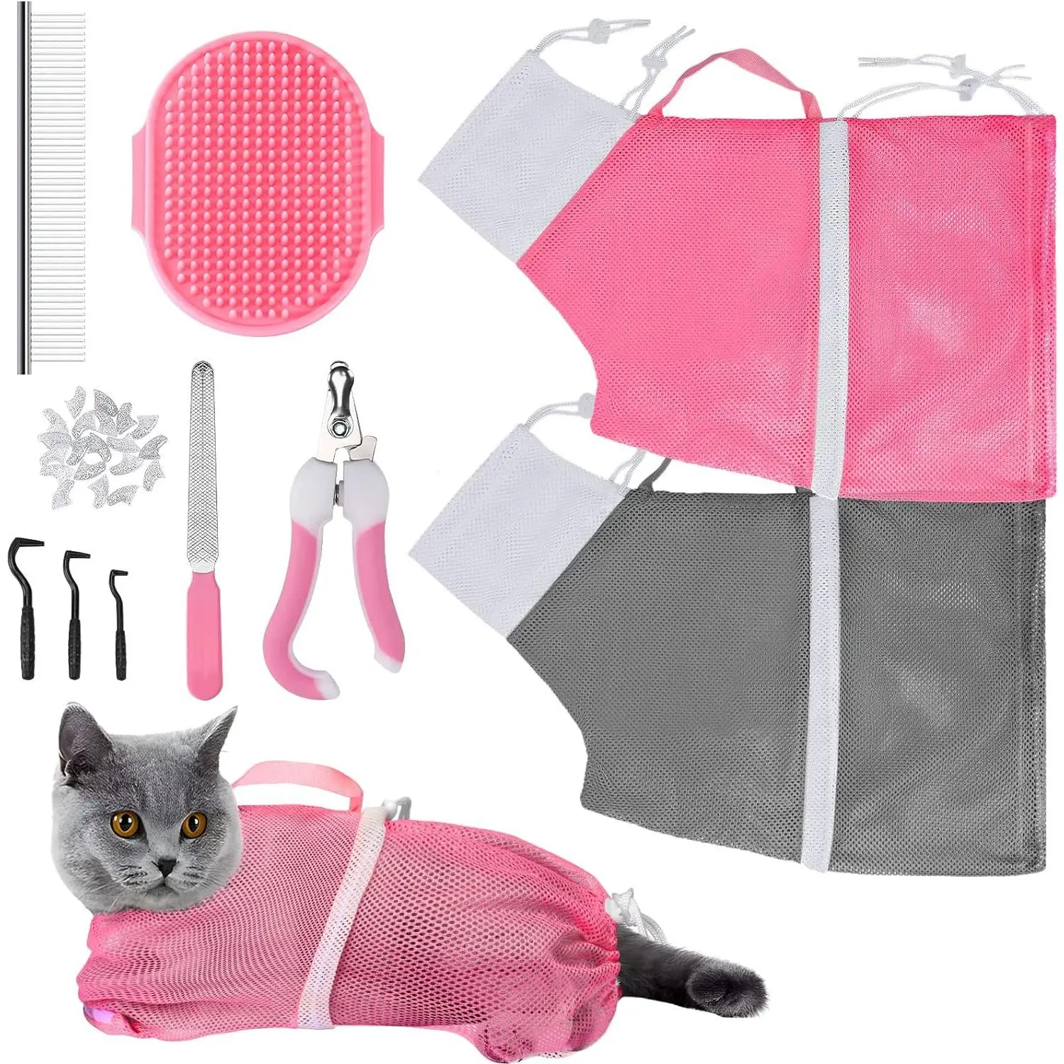 Washing Bag 10 count Set, Adjustable  Shower Net Bag and Pet  Brush with  Clipper  File Hair Combs Tick Tool  Caps for Bathing  Trimming Examination(Pink+Grey)