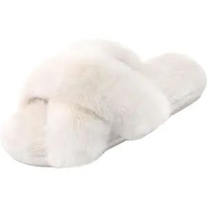 Parlovable Women'S Fuzzy Slippers Comfy Cross Band House Shoes Memory Foam Open Toe Indoor Gifts for Ladies