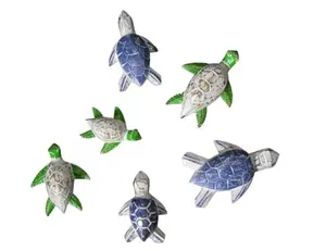 Huge Set of 6 Hand Carved Wooden SEA Turtles Family Nautical Tropical Statue Art