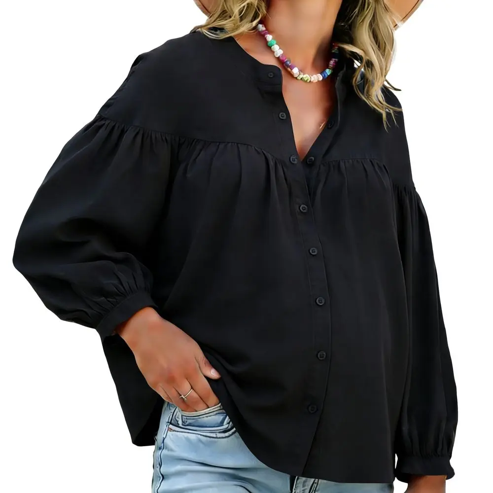 INSPIRE CHIC Women's Pleated Button-Down Long Sleeve Maternity Nursing Blouse - Soft Nursing Clothes, Pregnancy Clothes, Prenatal Maternity Clothing for Business, Home Office (Small, Black)