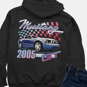 Ford Mustang GT 2005 Car Hoodie-Men's Muscle Car Graphic Hoodie-Vintage Auto Lover Gift-Unisex Automotive Fan Gear-Classic Car Apparel for Mustang Enthusiasts, Navy Blue