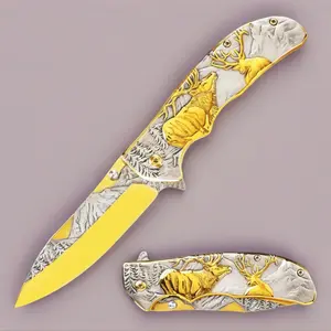 Golden pocket knife, 3D embossed deer pattern folding knife is a daily gift for outdoor camping, hiking, survival and other occasions, and is also a durable EDC hiking gift for men.