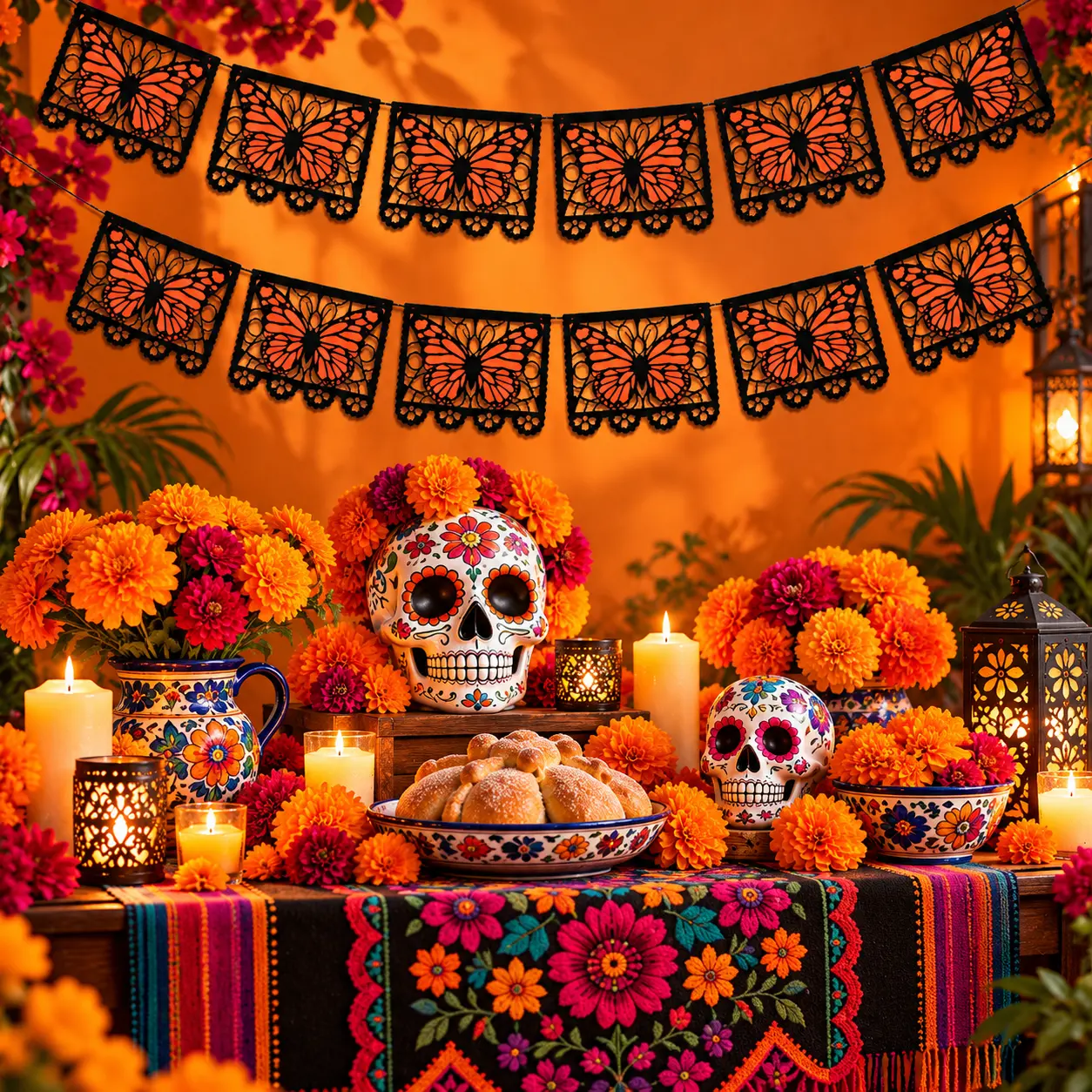 Monarch Butterfly Papel Picado Banner for Dia De Los Muertos Decor Mexican Fiesta Party Decoration Ofrenda Altar Backdrop DIY Hanging Garland Wall Photo Background