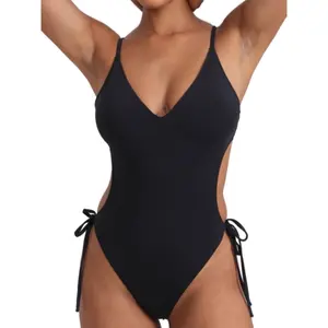 DOBREVA Women's One Piece Swimsuit Strappy Backless Bathing Suit V Neck Cutout Sexy Open Back Lined Adjustable Swimwear