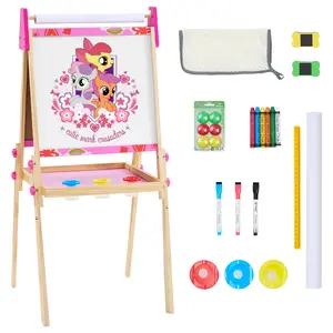 Magnetic All in 1 Kids Height Adjustable Drawing Dry-Erase Chalkboard Wooden Artist Easel with Paint Pots and Refillable Paper Roll