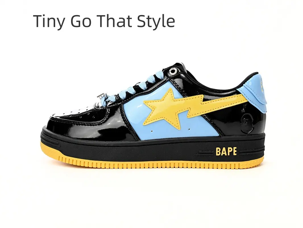 Couple Matching Low Top Casual Sneakers Shiny Black Light Blue Patent Leather Shoes Contrast Yellow Star Patch Non Slip Two Tone Midsole Retro Campus Footwear