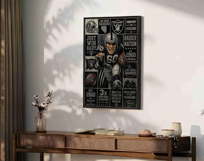 Las Vegas Raiders Wall Art, Raiders Nation Poster Print, Vintage Football Poster, Black Silver Sports Decor, Man Cave Decor, NFL Fan Gift - Unframed