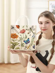 Floral & Butterfly Pattern Lunch Bag, Portable Lunch Box Bag, Large Capacity Lunch Bag for Women & Girls, Casual Trendy Versatile High-quality Daily Bag, Lunch Bag Tote Bag