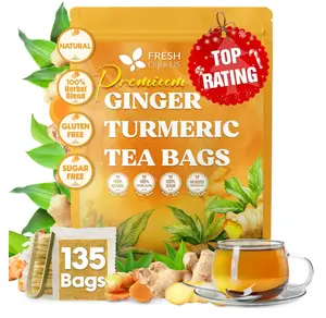 FreshDrinkUS, Premium 135 Ginger Turmeric Tea Bags, 100% Natural Ingredients, Hand-made Blend of Ginger and Turmeric Herbal Tea, Eco-conscious Tea Bags. No Sugar, No Caffeine, No Gluten, Vegan.