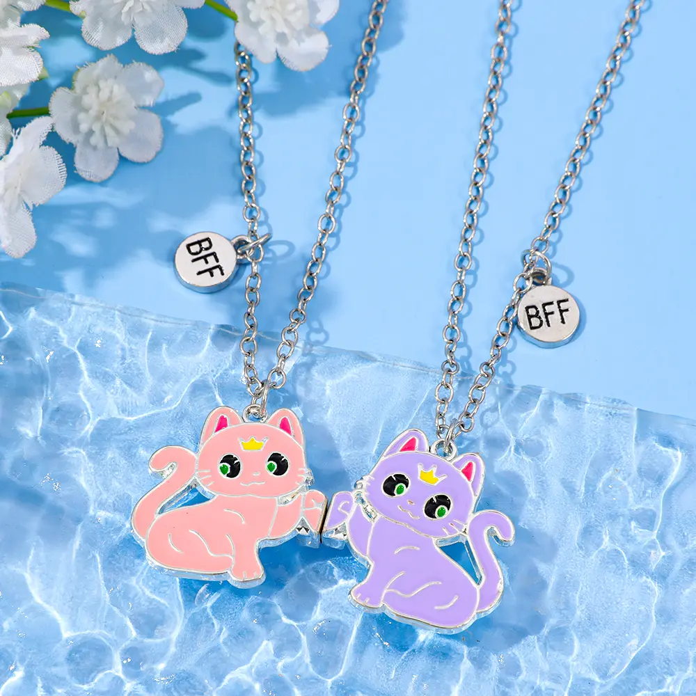 JewelryUSA - Best Friend Gift Set Matching Kawaii Animal Cat Necklaces for 2, Cute BFF Jewelry for Girls Friendship Necklace for Friends