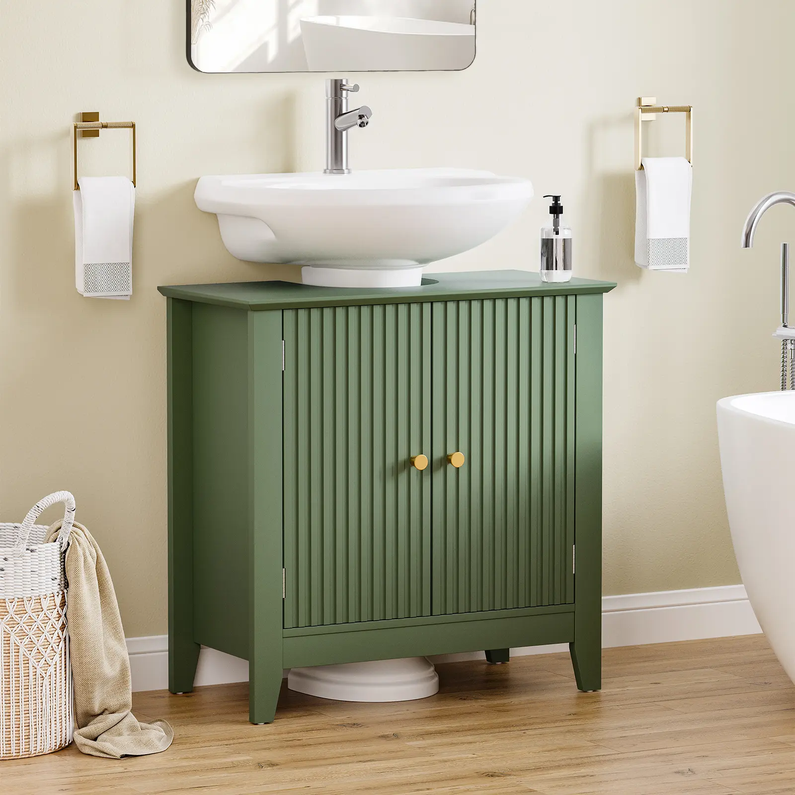 Under Sink Bathroom Cabinet with U-Shape Cut-Out, 2 Doors Bathroom Vanity, Storage Organizer for Pedestal Sink