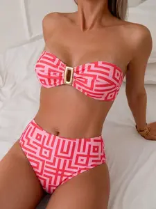 Women's High Waist Bikini Swimsuit, Comfortable Fashion Geometric Pattern Swimwear, Perfect for Beach and Pool, Stylish and Supportive Design