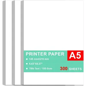 Printer Paper - 300 Sheets, A5  Bright White Paper, 28lb Bond / 70lb Text (105 gsm) Bright White Paper -  for Copy, Printing, Writing, 5.83" x 8.27" (148 x 210 mm)