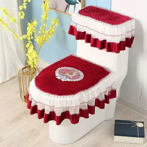 3pcs European Lace Toilet Seat Cover Set Zipper Closure Soft Comfortable Warm Light Beige Standard Toilet Bathroom Accessories Reusable Washable Easy Clean Home Decor Easter Gift