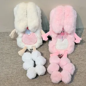 Plush Fluffy Bucktooth Long-Eared Rabbit Bunny Lanyard Phone Case | 3D Limbs + Fur Ball Chain | Soft & Warm Protective | Fall-Winter Girly Eye-Catching Aesthetic Outing Style For iPhone14 15 16 17 Full Series Accessories